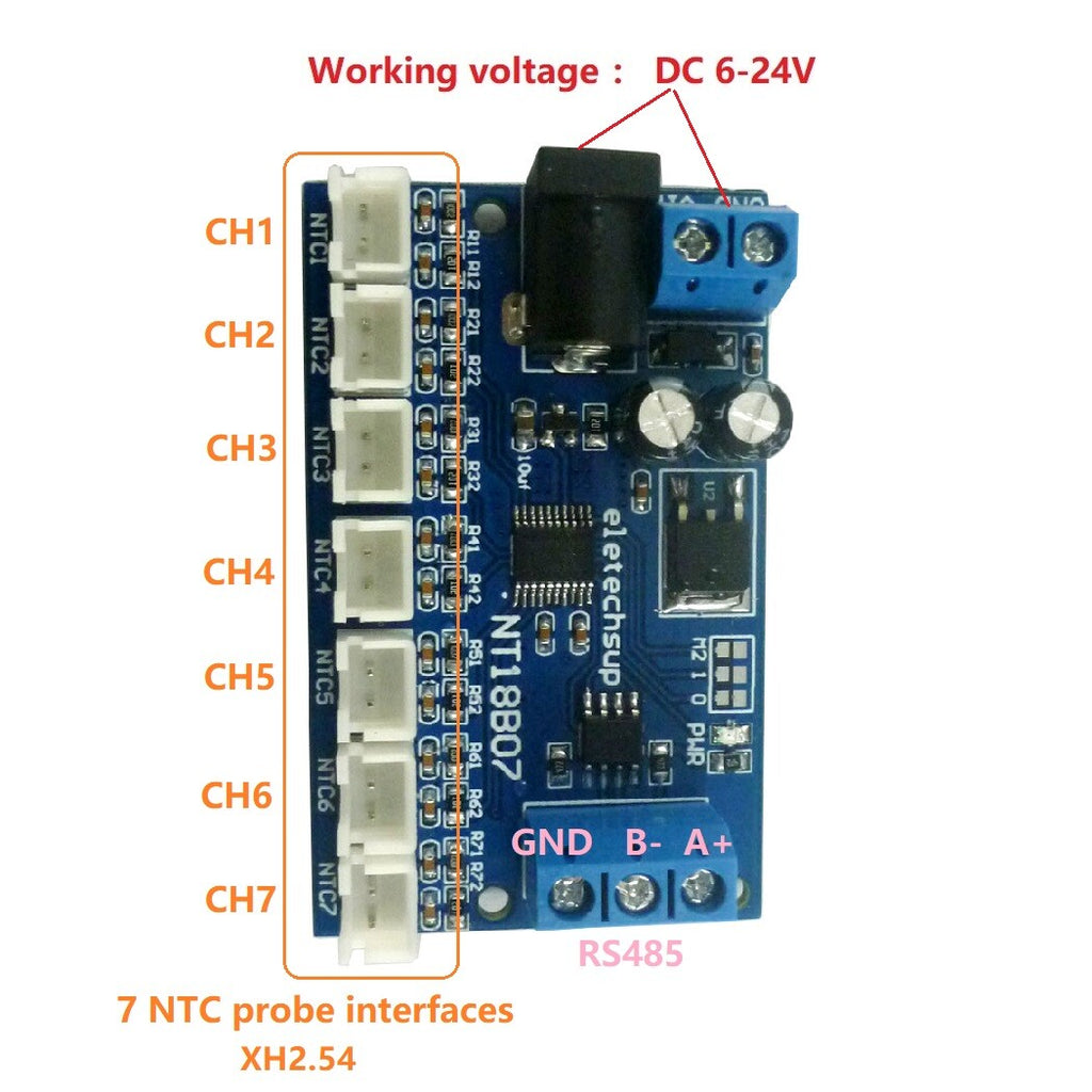 NT18B07 7CH DC12V RS485 10K NTC Thermistor Temperature Sensor Module Modbus Rtu UART PLC TB438 TB439