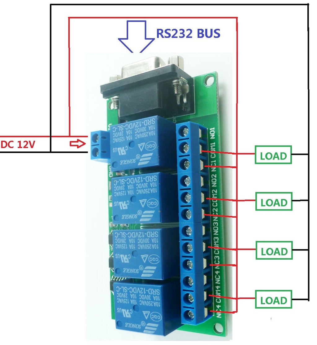 CE039 DC 12V 4Ch RS232 Relay Board SCM PC USB UART DB9 Remote Control Switch PLC Motor