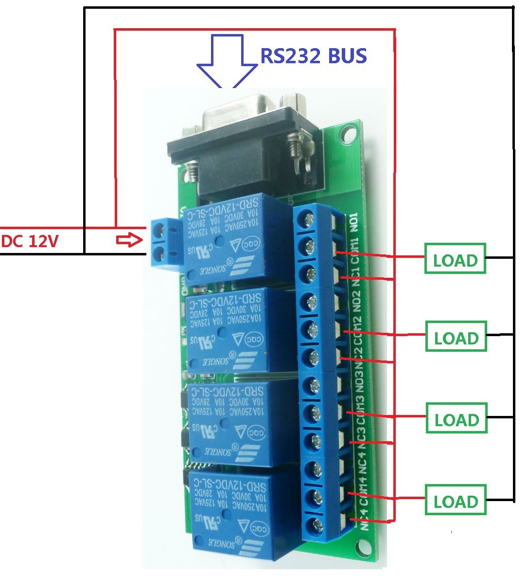 CE039 DC 12V 4Ch RS232 Relay Board SCM PC USB UART DB9 Remote Control Switch PLC Motor