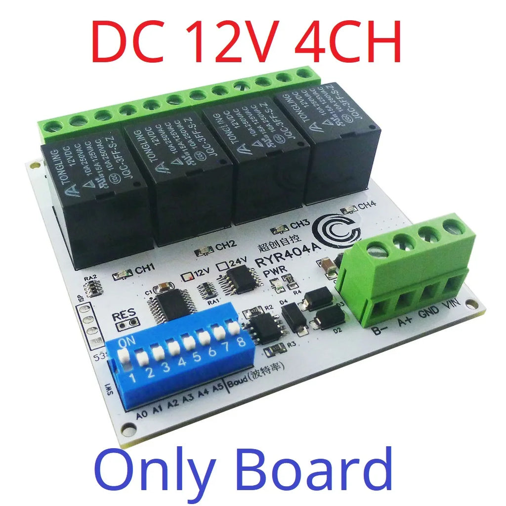 Relay Module RS485 Bus Modbus RTU UART Serial Port HMI PLC DIP Setup Parameters 4-32 Channels 10A 20A DC 12V 24V Switch Board RYR404A RYR408B RYR416C RYR432D