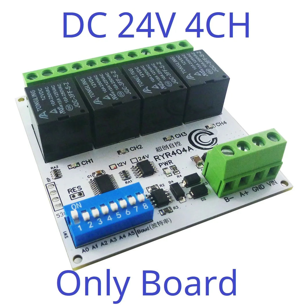 Relay Module RS485 Bus Modbus RTU UART Serial Port HMI PLC DIP Setup Parameters 4-32 Channels 10A 20A DC 12V 24V Switch Board RYR404A RYR408B RYR416C RYR432D