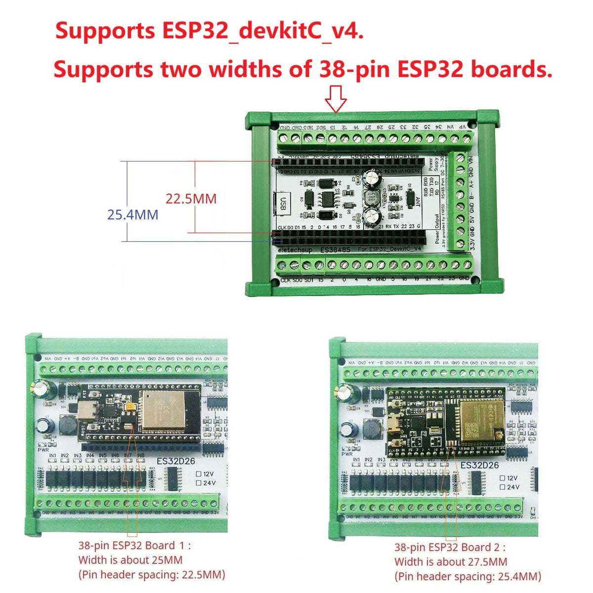ES38485 ESP32 DevkitC V4 RS485 DIN Expansion Board 38PIN 2.4GHz WIFI BLE IOT Remote IO Development Board with 7-30V Power in 5V 3.3V out
