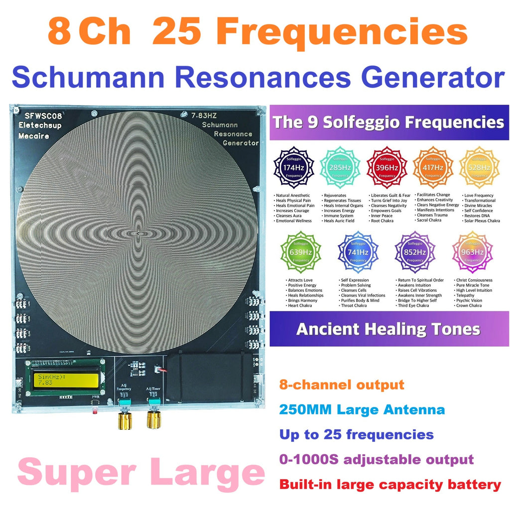 SFWSC08 8CH 250mm Schumann Resonance Generator – 25 Frequencies 7.83Hz Sleep Aid Device with 0.01-100000Hz Adjustable for Meditation Relaxation