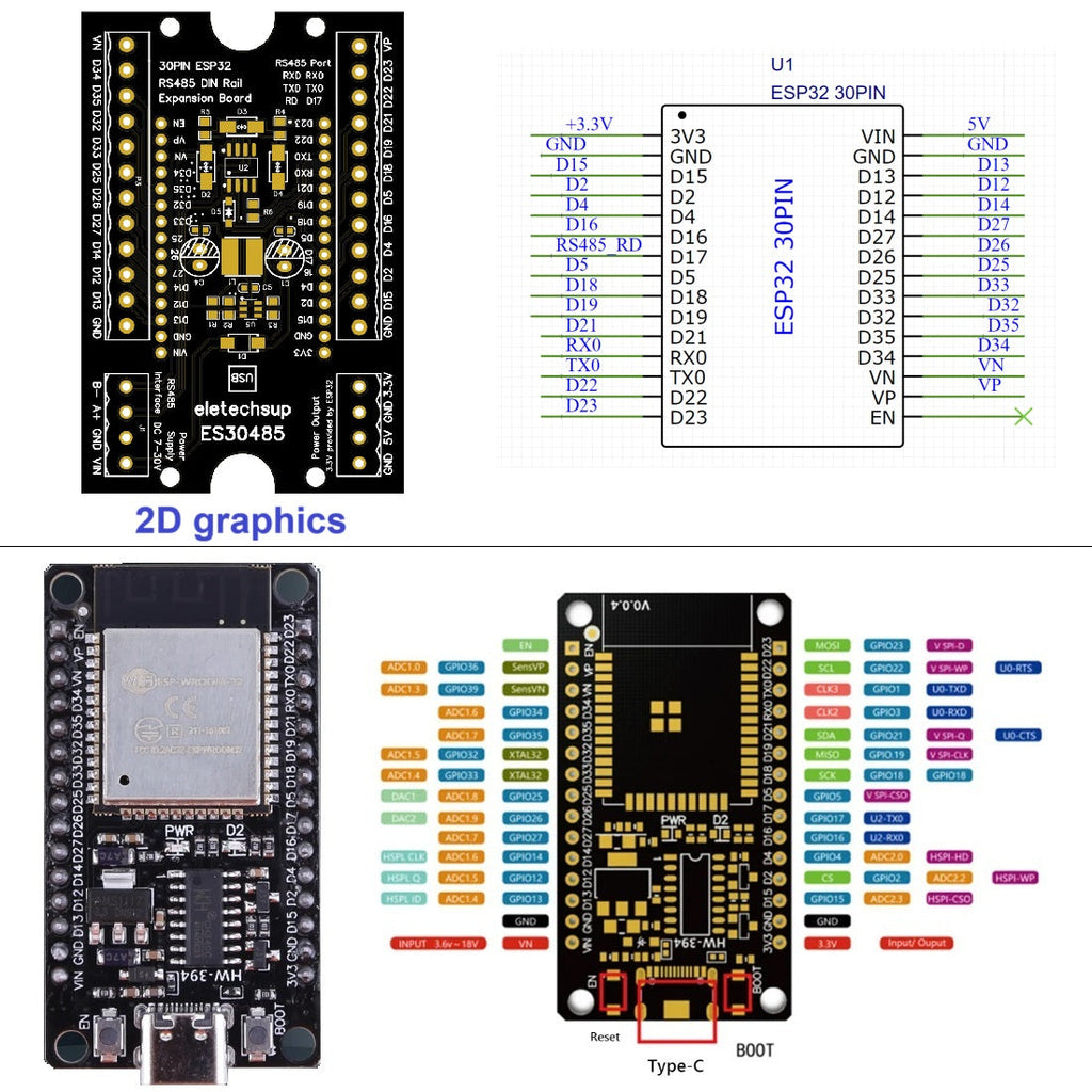eletechsup ES30485 ESP32 RS485 DIN Rail Mount PLC Data Acquisition Board DC 7-30V Wide Voltage WiFi BT IOT MQTT Module
