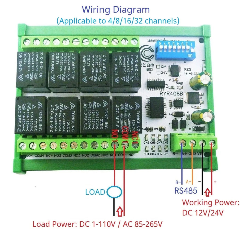 RYR408B 8CH 10A RS485 Relay Module – DIP Switch Configurable Modbus RTU PLC Remote IO Board with 8 Commands for Industrial Automation