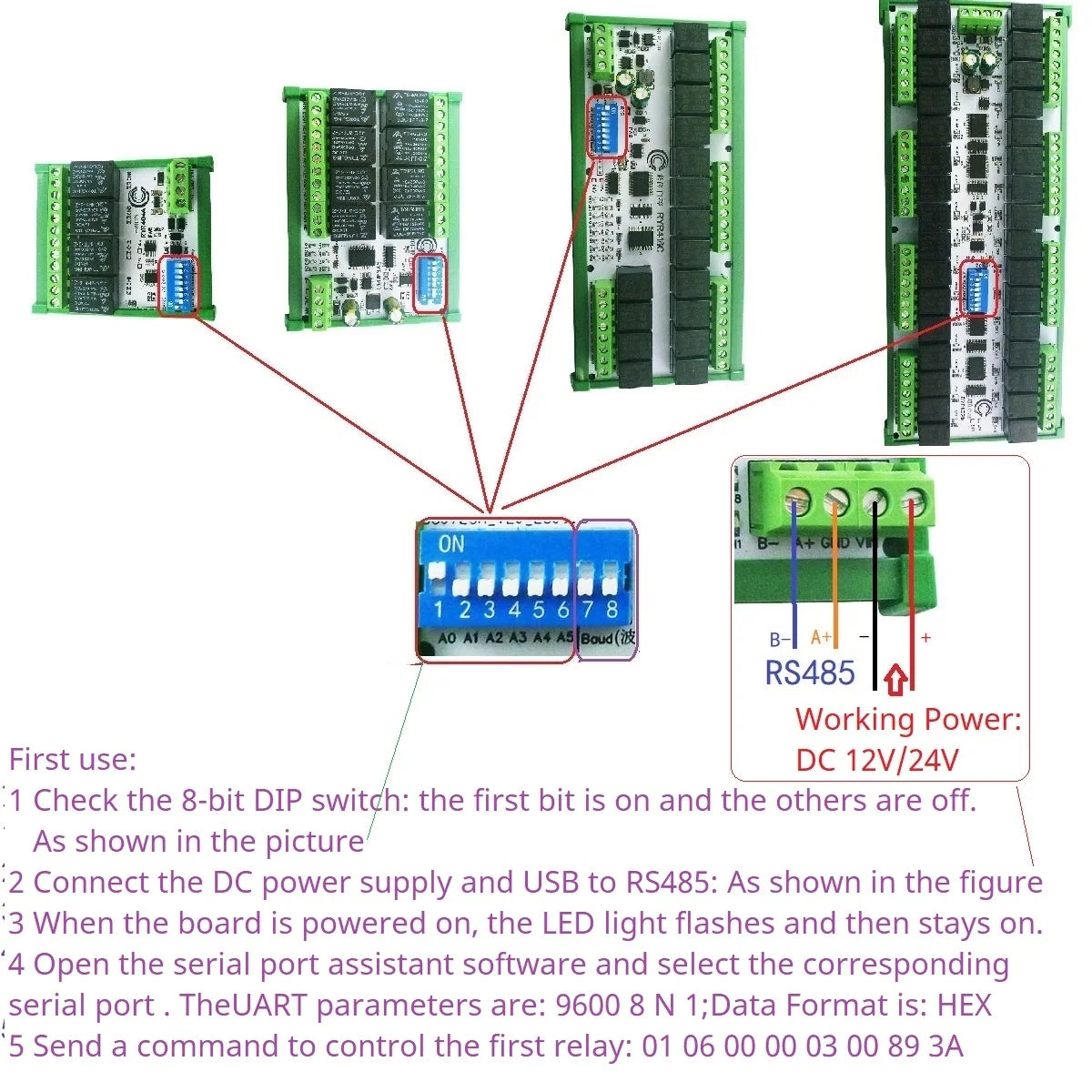 RYR408B 8CH 10A RS485 Relay Module – DIP Switch Configurable Modbus RTU PLC Remote IO Board with 8 Commands for Industrial Automation
