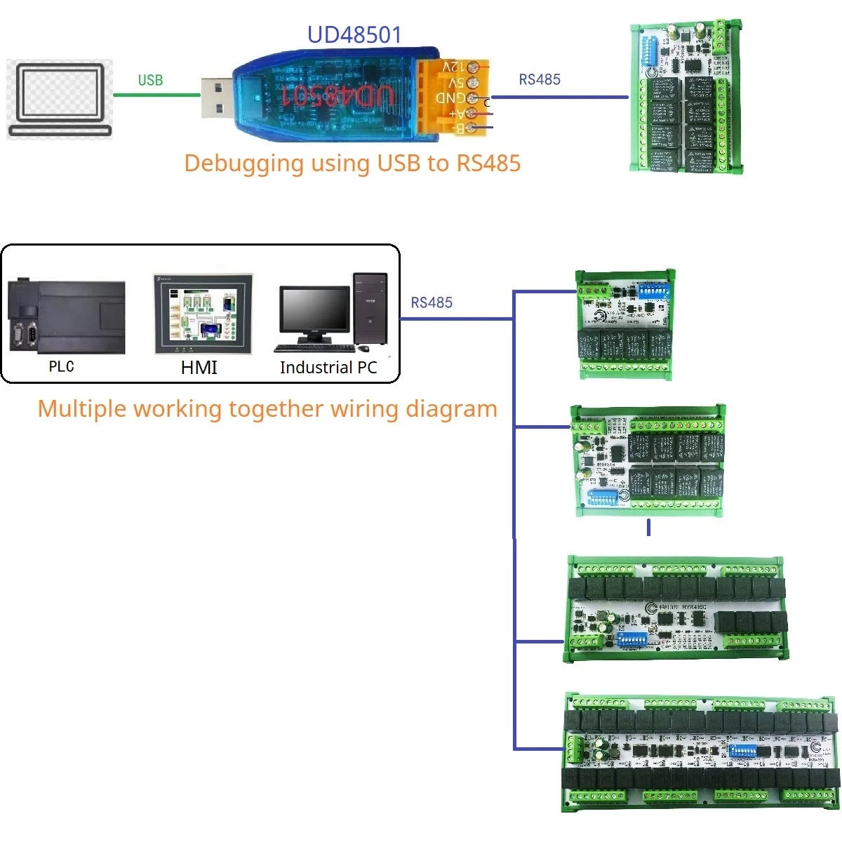 RYR408B 8CH 10A RS485 Relay Module – DIP Switch Configurable Modbus RTU PLC Remote IO Board with 8 Commands for Industrial Automation