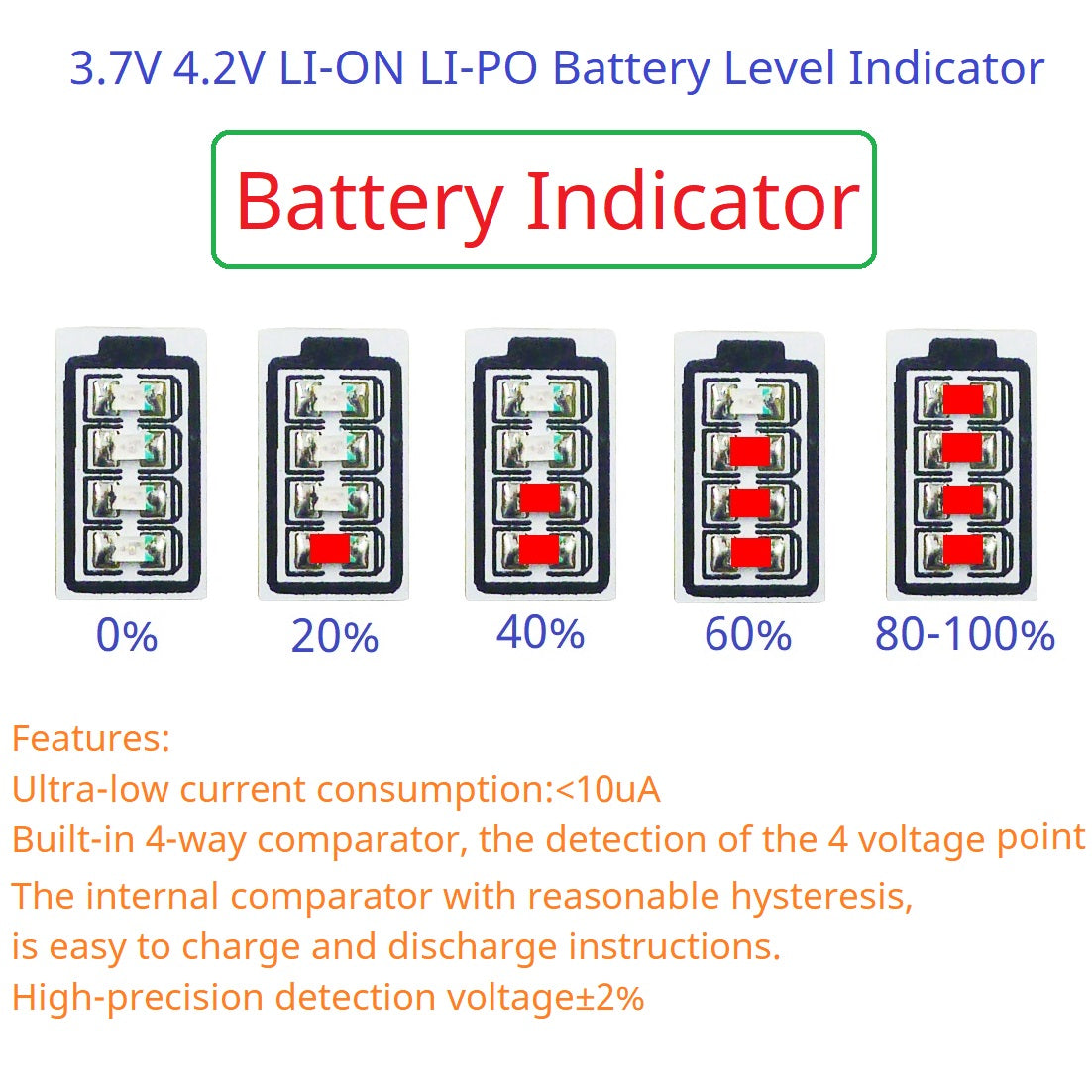 BTID42MA Mini 1S Li-ion Battery Power Indicator Module – 3.7V/4.2V LED Voltage Display for 18650 26650 4680 Charge Discharge Monitor