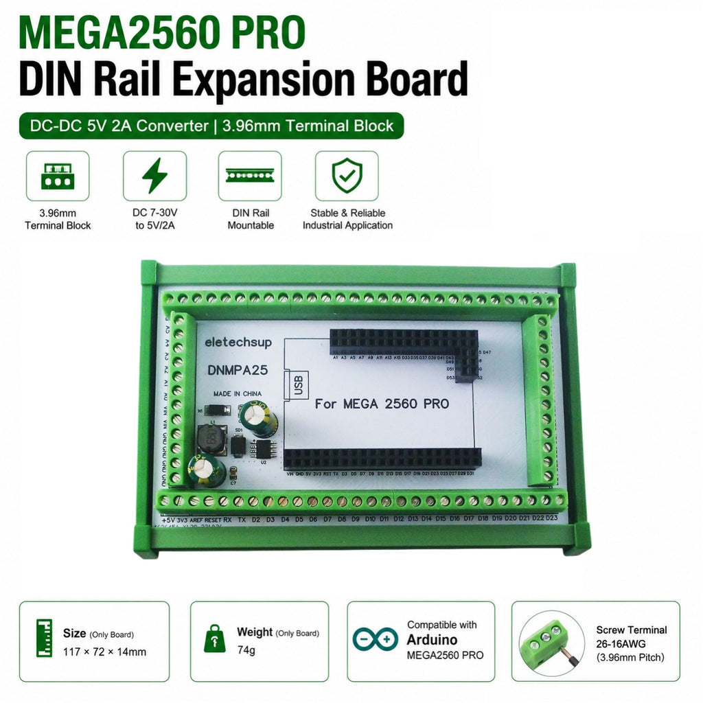 DNMPA25 DIN Rail Screw Terminal Block Adapter Module for Arduino MEGA2560 PRO Board 7-30V to 5V 2A DC-DC Converter Industrial