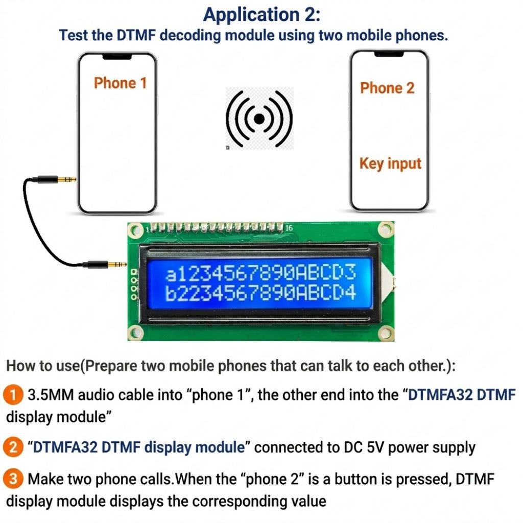 DTMFA32 DTMF Decoding Display Board 120 Codes 32 Characters Dual AUX 3.5mm Audio Decoder DC 5V for Intercom Phone