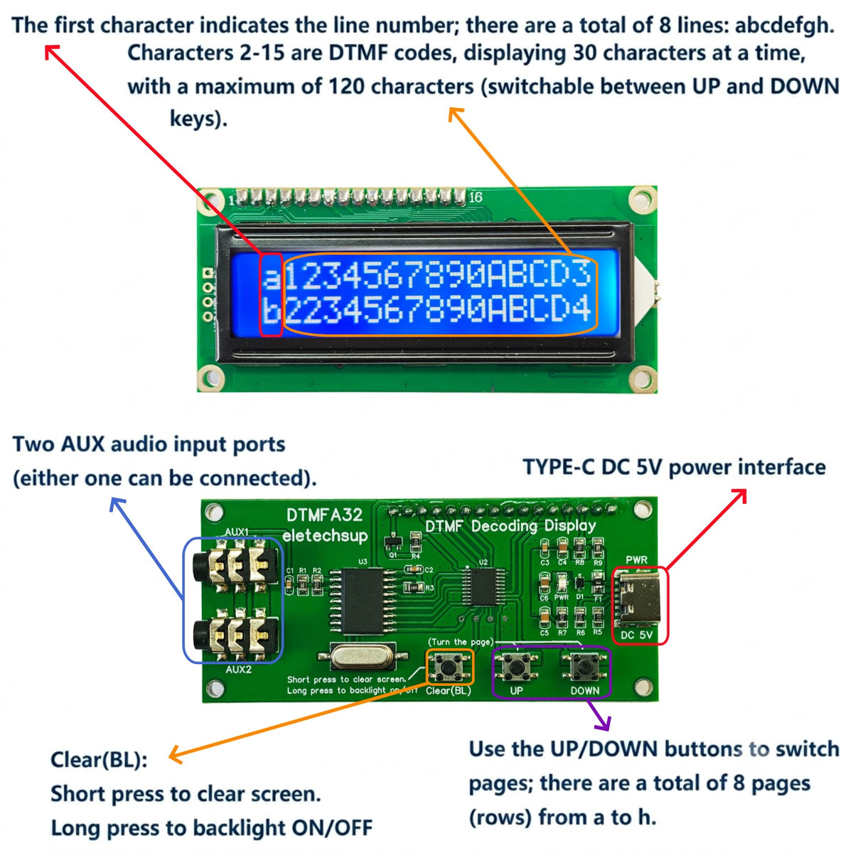 DTMFA32 DTMF Decoding Display Board 120 Codes 32 Characters Dual AUX 3.5mm Audio Decoder DC 5V for Intercom Phone