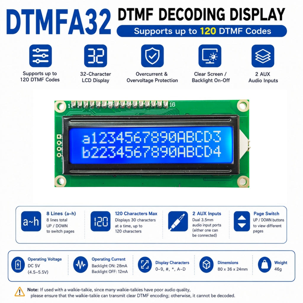 DTMFA32 DTMF Decoding Display Board 120 Codes 32 Characters Dual AUX 3.5mm Audio Decoder DC 5V for Intercom Phone
