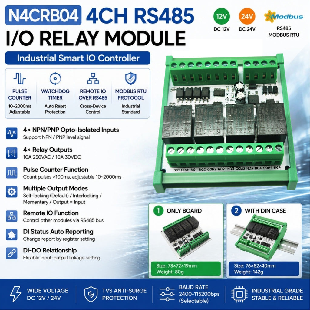 Multifunctional 4DI 4DO RS485 Remote Control Switch Watchdog Relay Board Wired Remote IO Pulse Counter Module Modbus RTU N4CRB04