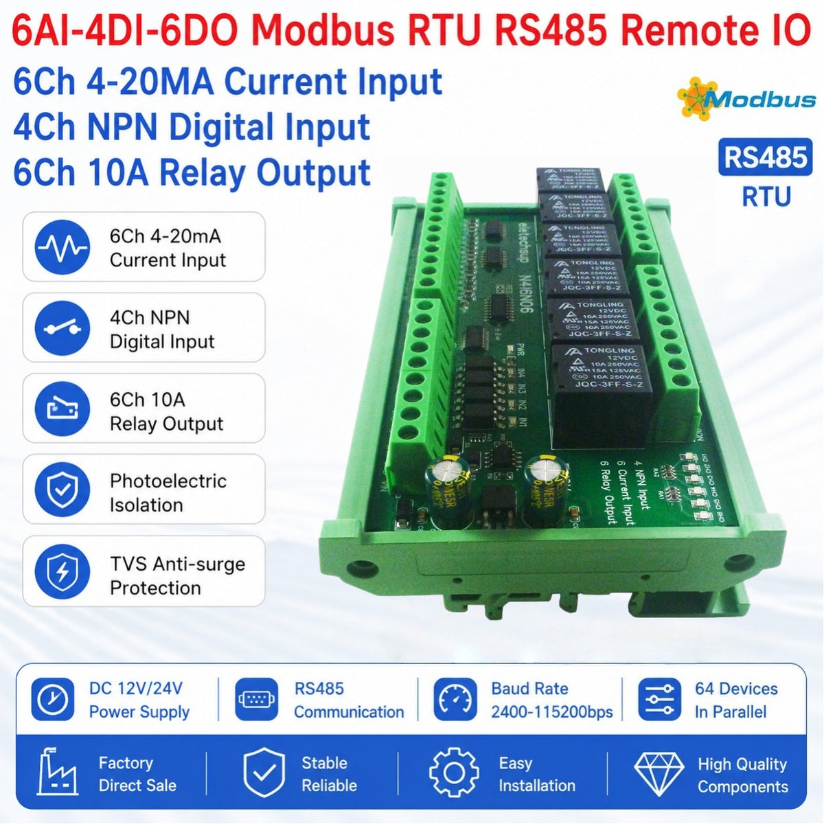 N4I6N06 DC 12V 24V 6CH 0-20MA 4-20mA Analog Input 4CH NPN Digital Input 6CH 10A Relay Output RS485 Modbus RTU IO Module