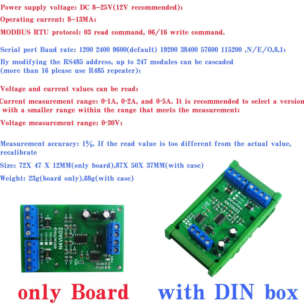 N4VIA02 Multifunctional RS485 Ammeter Voltmeter – 0-30V / 0-5A Modbus RTU DC Power Measurement Module for PLC SCADA Industrial Automation