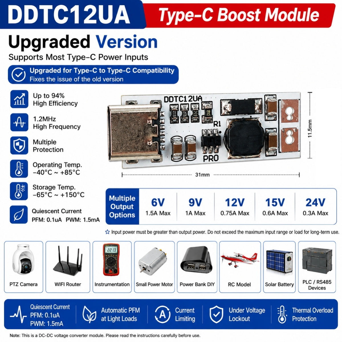 DDTC12UA_PRO Type-C to Type-C DC-DC Boost Converter 5V to 6V 9V 12V 15V 24V Step Up Voltage Regulator Module for Router Camera