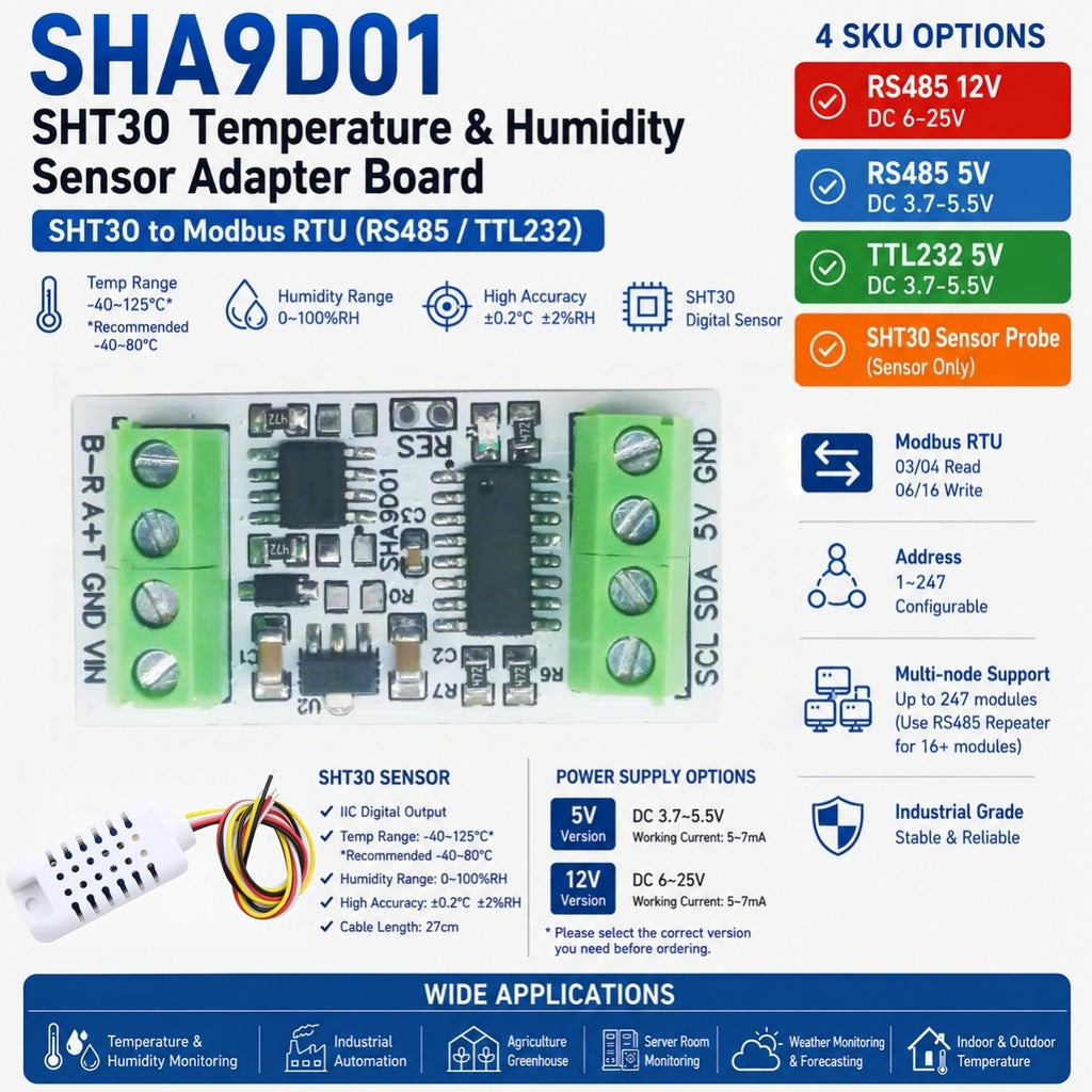 SHA9D01 SHT30 Temperature Humidity Sensor Module RS485 TTL Modbus RTU Adapter Board for Arduino UNO ESP32 Weather Station