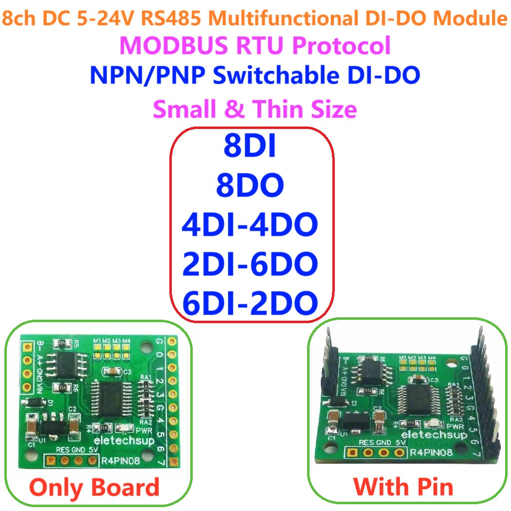 R4PIN08 8CH Multifunction RS485 IO Core Board – 2.54mm Pin Configurable Digital Input Output Module Modbus RTU for PLC HMI Remote IO Expansion