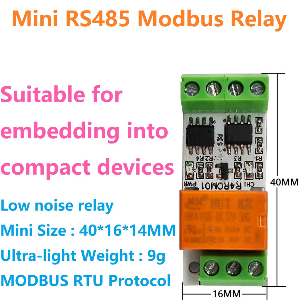 R4ROM01 3A Mini RS485 Relay Module – Low Noise 5V/12V/24V Modbus RTU Remote IO Board with 6 Control Commands for PLC Smart Home