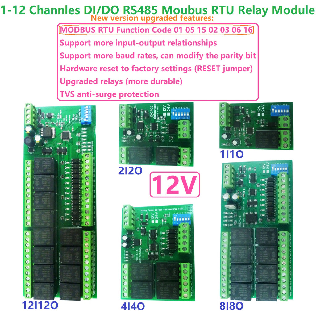 DC 12V 1/2/4/8/12 Channel Isolation DI-DO PLC IO Expanding Board RS485 Relay Module 10IOA01 10IOA02 10IOA04 10IOA08 10IOA12 Modbus RTU Code 01 05 15 02 03 06 16