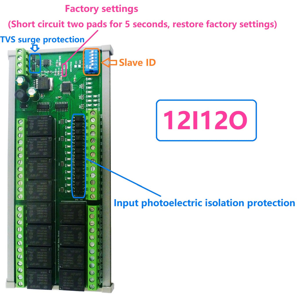DC 12V 1/2/4/8/12 Channel Isolation DI-DO PLC IO Expanding Board RS485 Relay Module 10IOA01 10IOA02 10IOA04 10IOA08 10IOA12 Modbus RTU Code 01 05 15 02 03 06 16