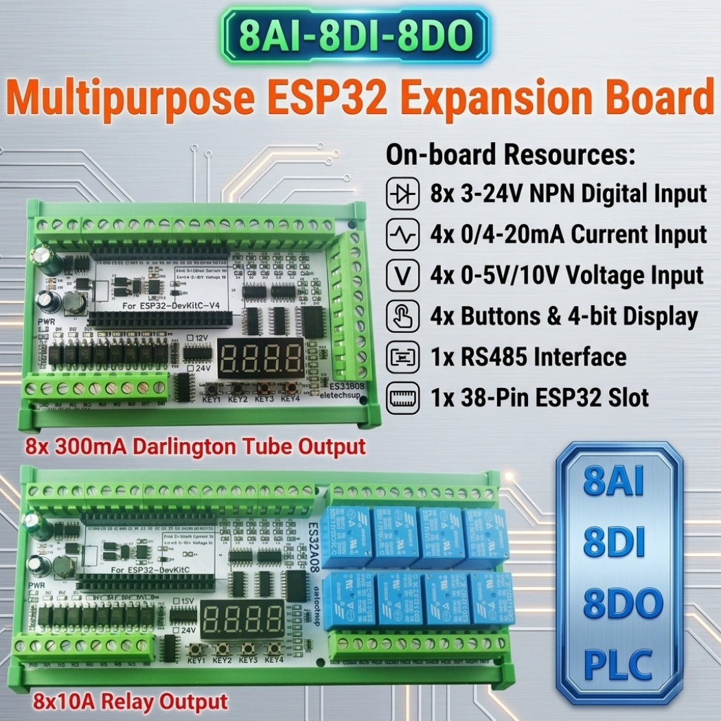 ESP32 38PIN IO Expansion Board ES32A08 Relay ES33B08 Opto-isolated Input 4x 0-10V 4x 4-20MA Digital Tube Display Automation