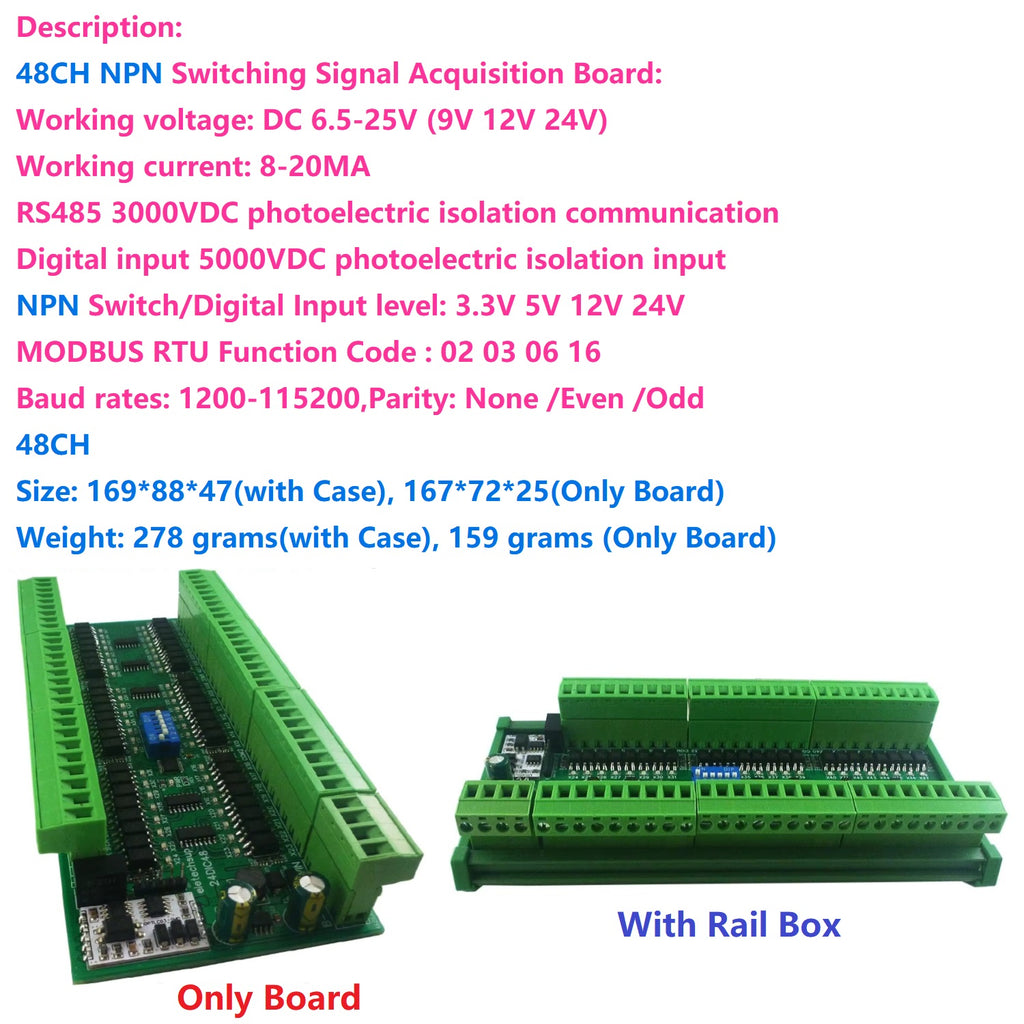 24DIA16 24DIB32 24DIC48 16-48CH Digital Input Module – NPN/PNP Switch PLC IO Expansion Board with 3000VDC Isolation RS485 Modbus RTU