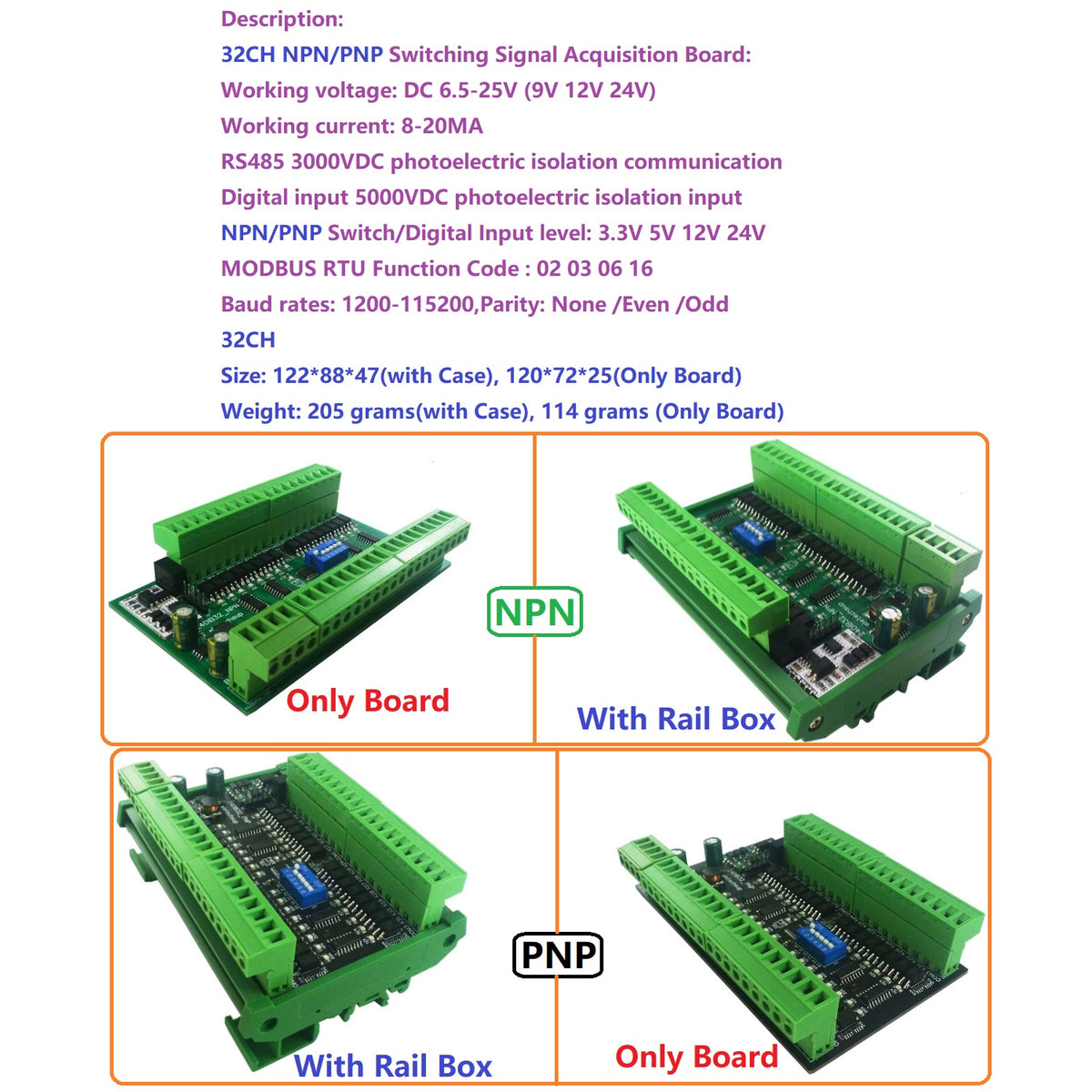 24DIA16 24DIB32 24DIC48 16-48CH Digital Input Module – NPN/PNP Switch PLC IO Expansion Board with 3000VDC Isolation RS485 Modbus RTU