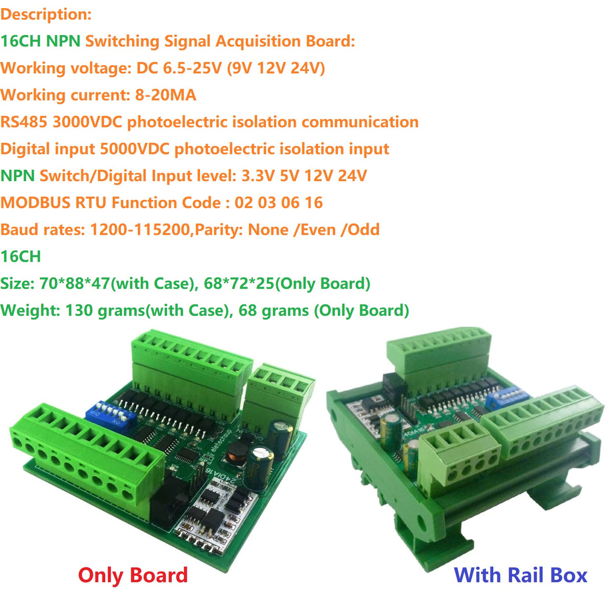 24DIA16 24DIB32 24DIC48 16-48CH Digital Input Module – NPN/PNP Switch PLC IO Expansion Board with 3000VDC Isolation RS485 Modbus RTU