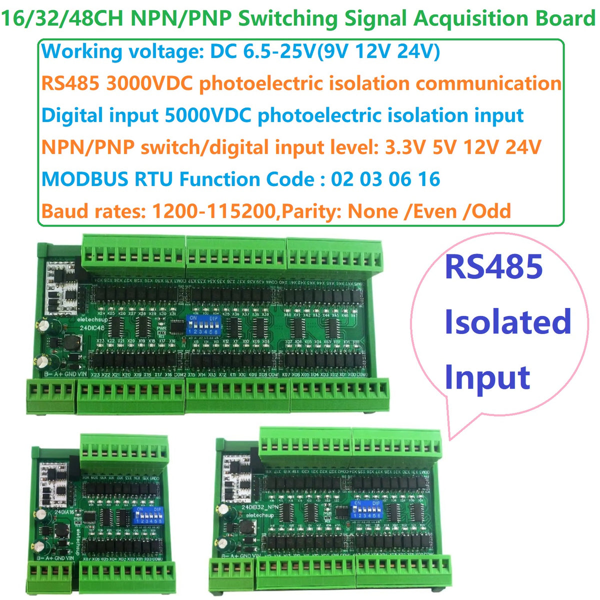 24DIA16 24DIB32 24DIC48 16-48CH Digital Input Module – NPN/PNP Switch PLC IO Expansion Board with 3000VDC Isolation RS485 Modbus RTU