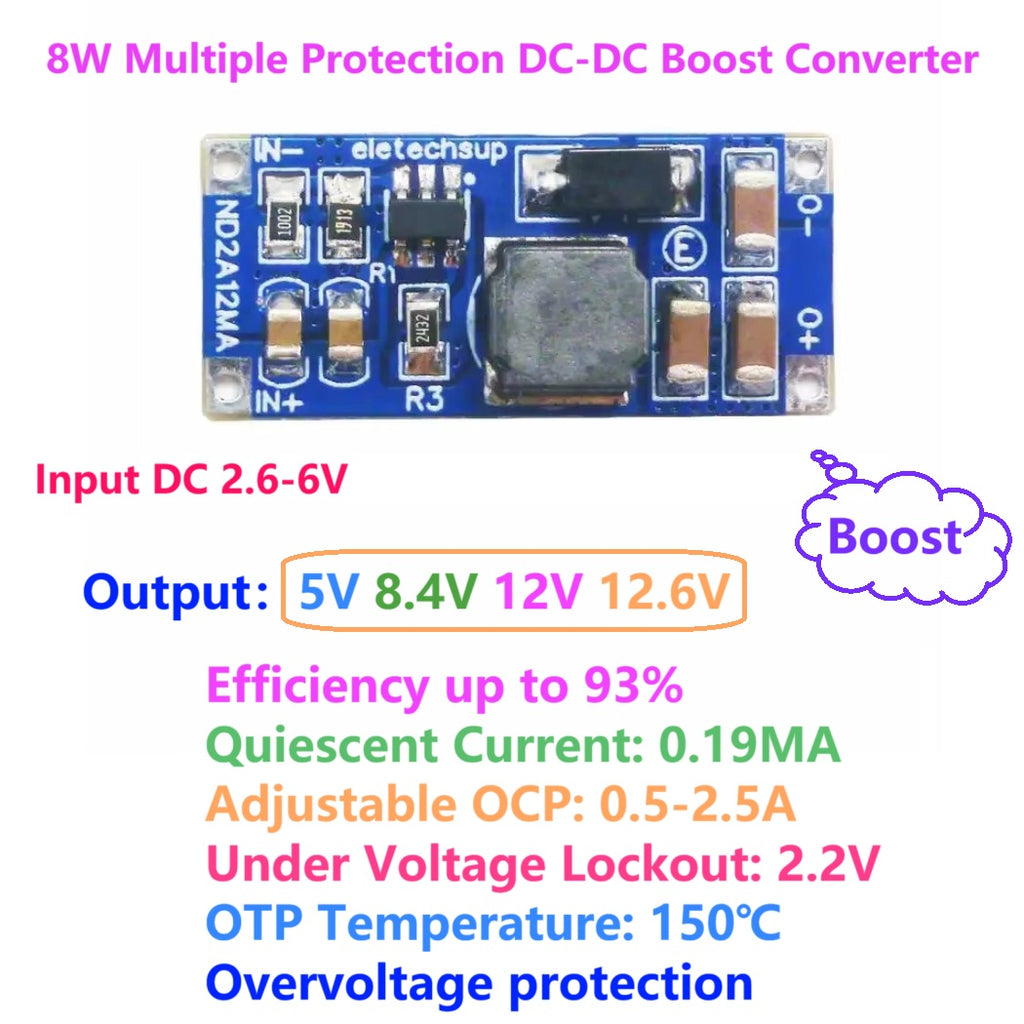 8W DC-DC Boost Converter Module ND2A12MA, 2.6-6V Input to 5V/8.4V/12V/12.6V Output, Adjustable Current Limit 0.5-2.5A, UVLO/OVP/SCP