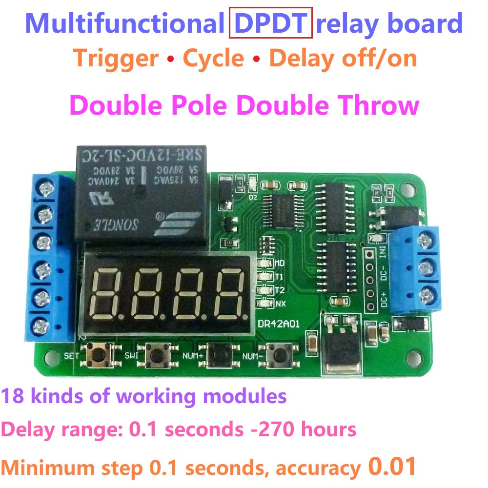 DR42A01 Dual CH 12V DPDT Delay Relay Module – 18-Mode 0.01s Timer for Stereo Audio Polarity Reversal PLC Control