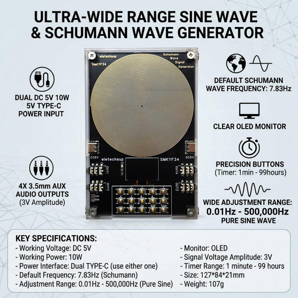 SMKYF34 4CH 0.01-500KHz High-Precision 7.83 Resonance Generator Ultra Low Frequency OLED Generator Resonator Meditation Sleep Aid Device