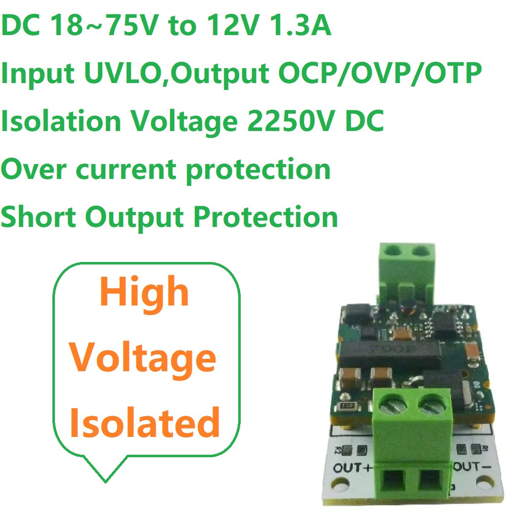 DDIS12TD 36V 48V 60V to 12V 1.3A Isolated DC-DC Converter – 18-75V Step-Down Regulator Module with Isolation Protection for E-Bike Solar UPS