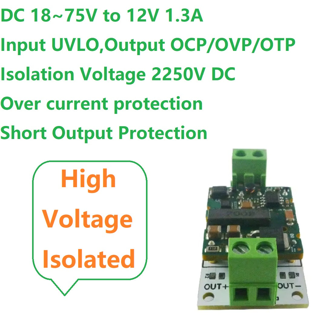 DDIS12TD 36V 48V 60V to 12V 1.3A Isolated DC-DC Converter – 18-75V Step-Down Regulator Module with Isolation Protection for E-Bike Solar UPS