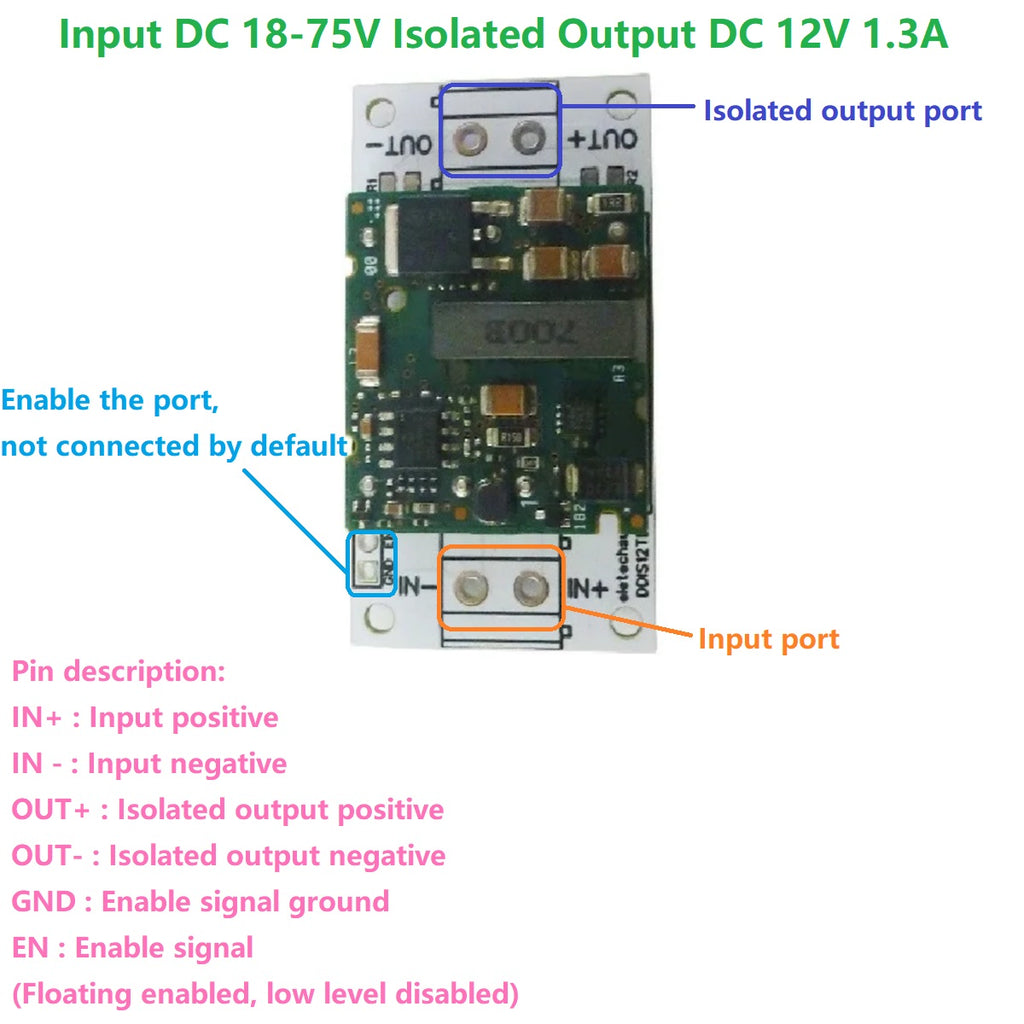 DDIS12TD 36V 48V 60V to 12V 1.3A Isolated DC-DC Converter – 18-75V Step-Down Regulator Module with Isolation Protection for E-Bike Solar UPS