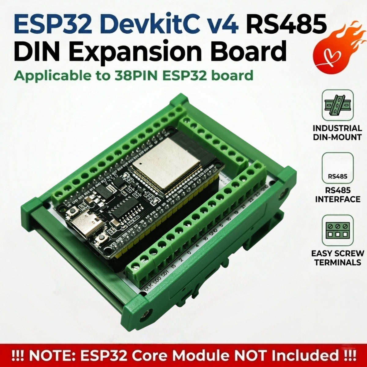 ES38485 ESP32 DevkitC V4 RS485 DIN Expansion Board 38PIN 2.4GHz WIFI BLE IOT Remote IO Development Board with 7-30V Power in 5V 3.3V out