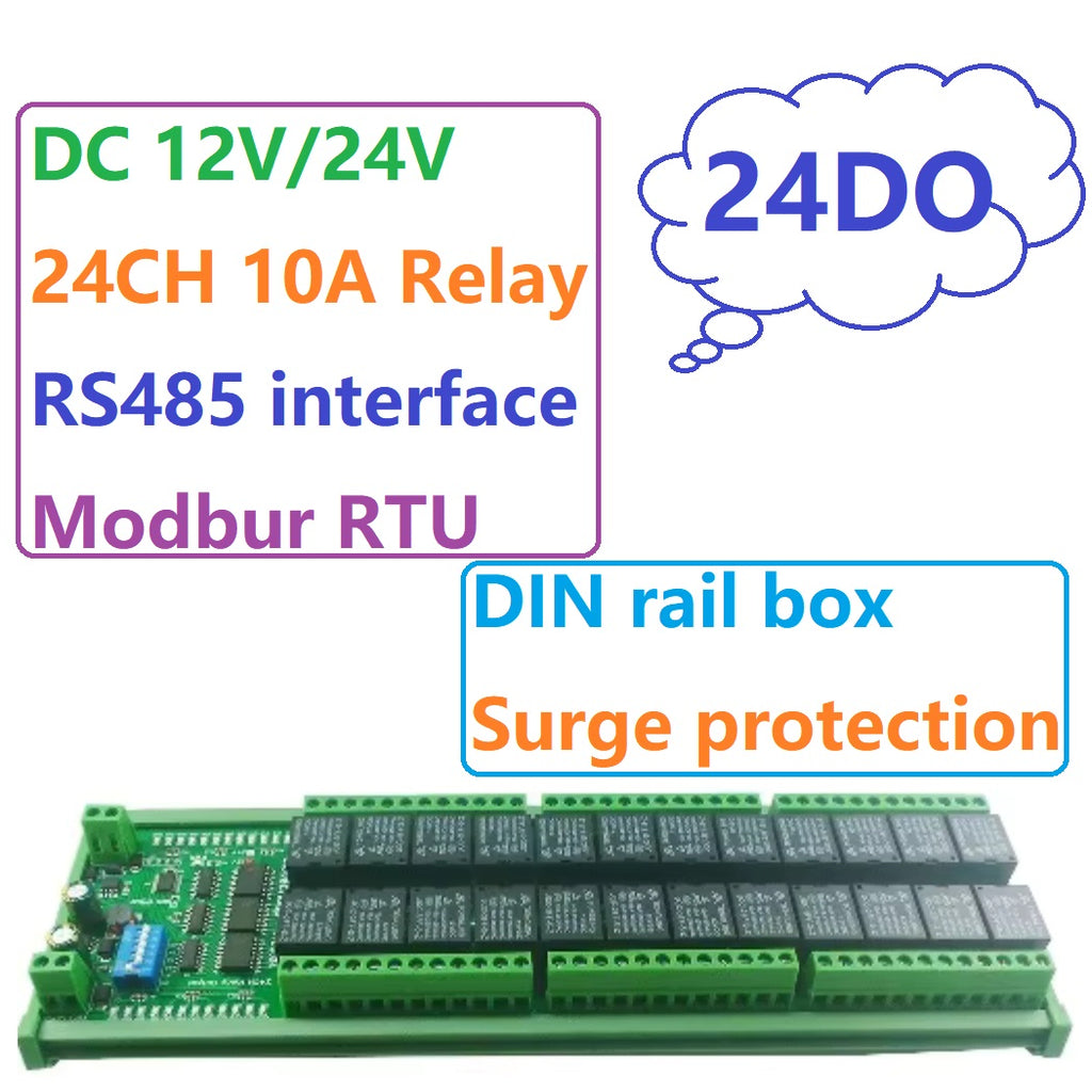 N4DOJ24 24CH RS485 Modbus RTU Relay Module DC 12V 24V PLC IO Expansion Board DIN Rail Mount Controller for Industrial Automation Motor