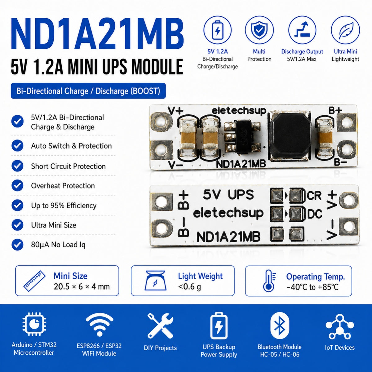 5V Backup Power Mini UPS Module 1.2A Bi-Directional Shared Port Li-ion Charger Step Up Board ND1A21MB for IP Camera Arduino MCU DIY