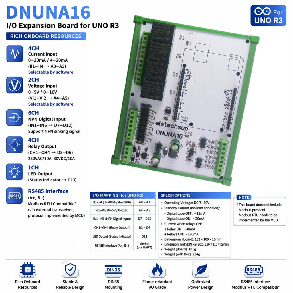 DNUNA16 6AI 6DI 4DO RS485 I/O Expansion Board for Arduino UNO R3 DC 7-30V Analog Data Acquisition Module 0-20mA 4-20mA 0-10V