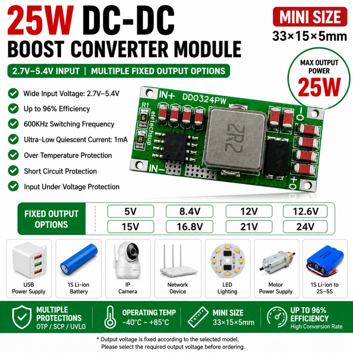DD0324PW 25W DC-DC Boost Converter Module 3.7V 4.2V 5V Input to 5V 8.4V 12V 12.6V 15V 16.8V 21V 24V Voltage Regulator