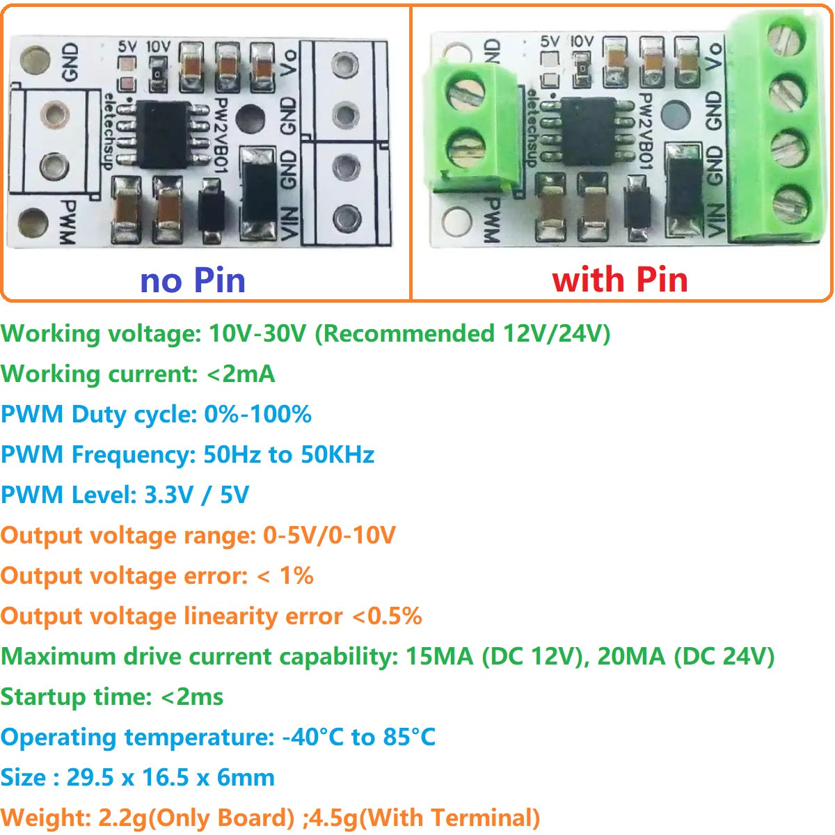 PW1VA01 PWM to 0-5V/0-10V Analog Voltage Converter Module, 3.3V/5V PWM Signal Input DC 10-30V for Arduino PLC Raspberry Pi ESP32 NodeMCU
