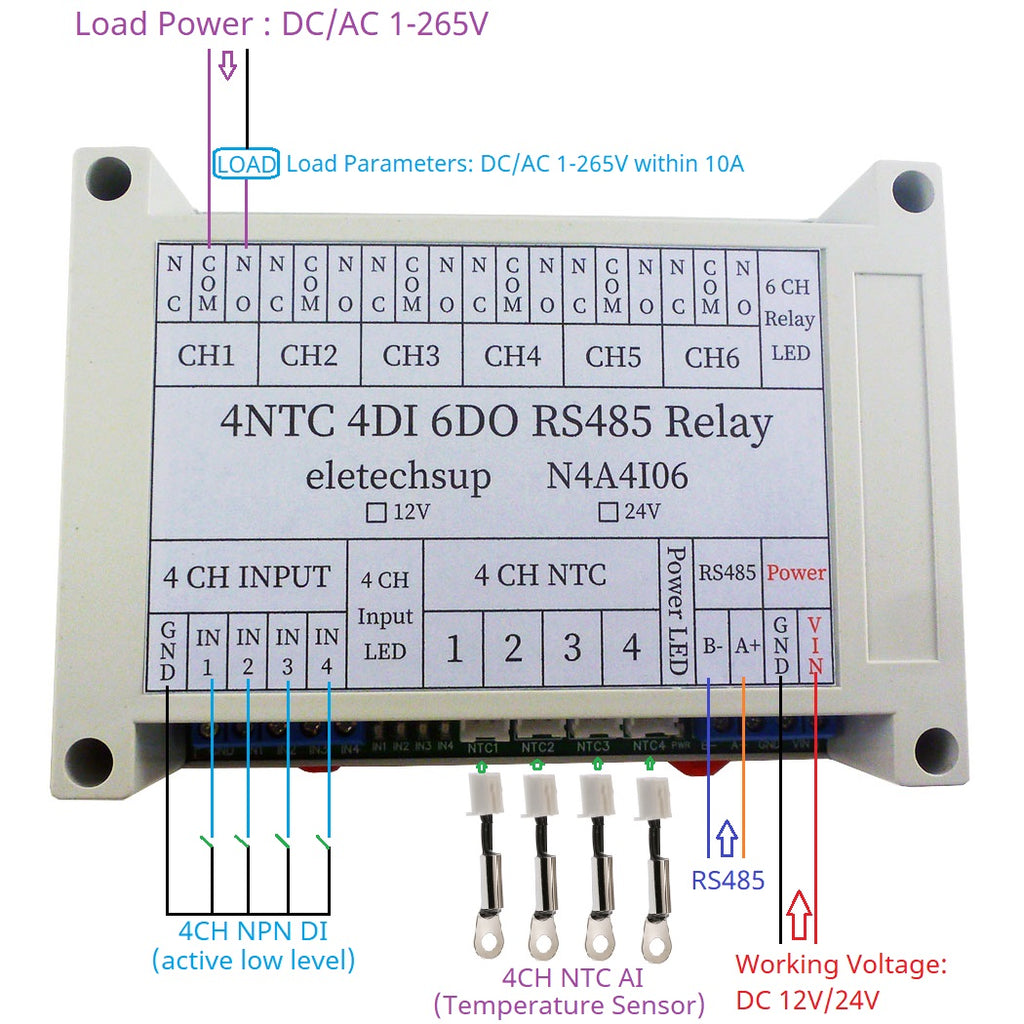 N4A4I06 4AI-4DI-6DO NTC Temperature Collector – 14CH RS485 Modbus RTU PLC IO Expansion Board with 10A Relay Output for Industrial Automation