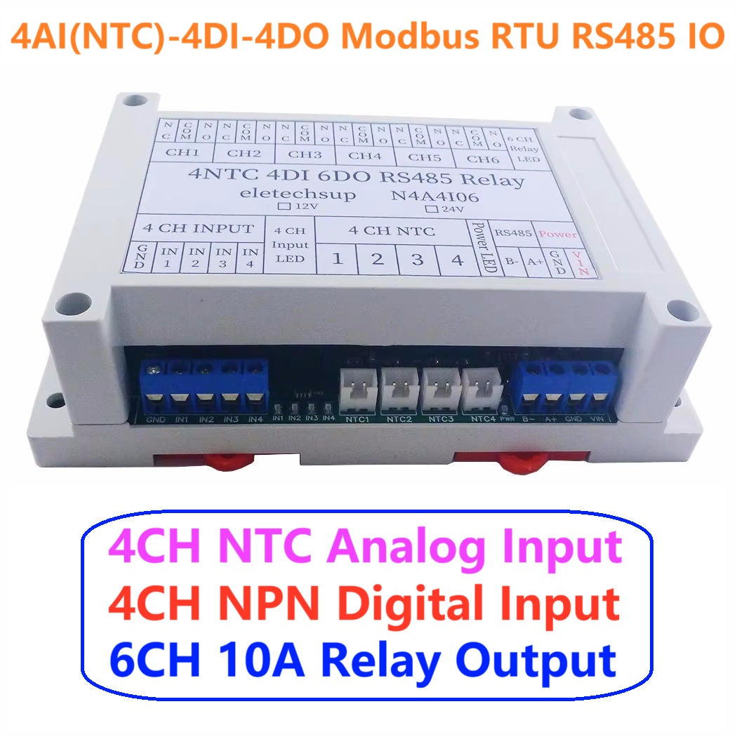 N4A4I06 4AI-4DI-6DO NTC Temperature Collector – 14CH RS485 Modbus RTU PLC IO Expansion Board with 10A Relay Output for Industrial Automation