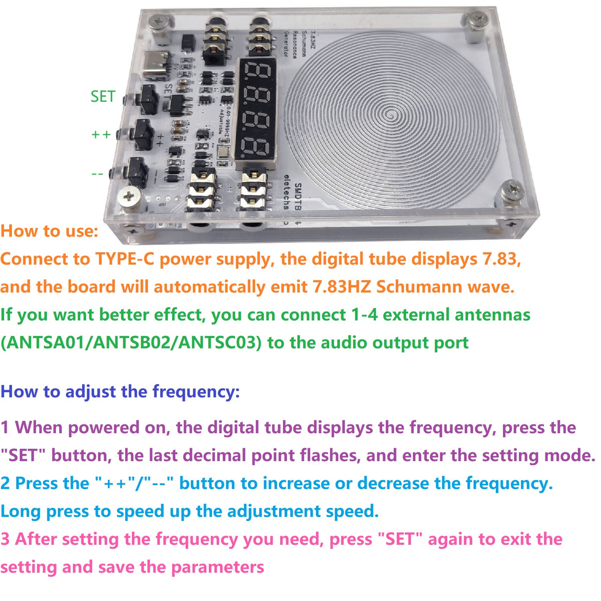SMDTB14 4CH 7.83Hz Schumann Resonance Pure Sine Wave Generator Adjustable 0.01-9999Hz DAC Type-C Audio Output