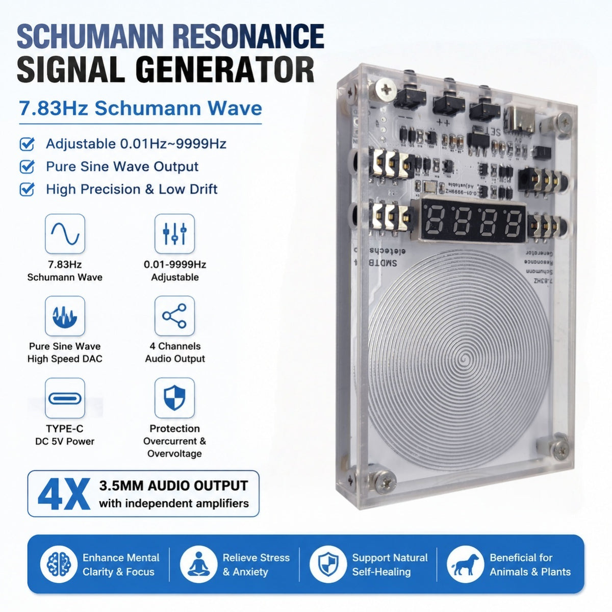 SMDTB14 4CH 7.83Hz Schumann Resonance Pure Sine Wave Generator Adjustable 0.01-9999Hz DAC Type-C Audio Output