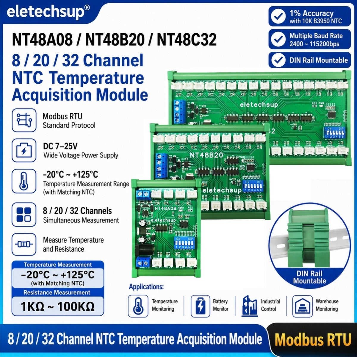 NT48A08 NT48B20 NT48C32 8-32CH RS485 Temperature Collector – Modbus RTU AI Remote IO Module with 10K B3950 NTC Sensor for PLC SCADA