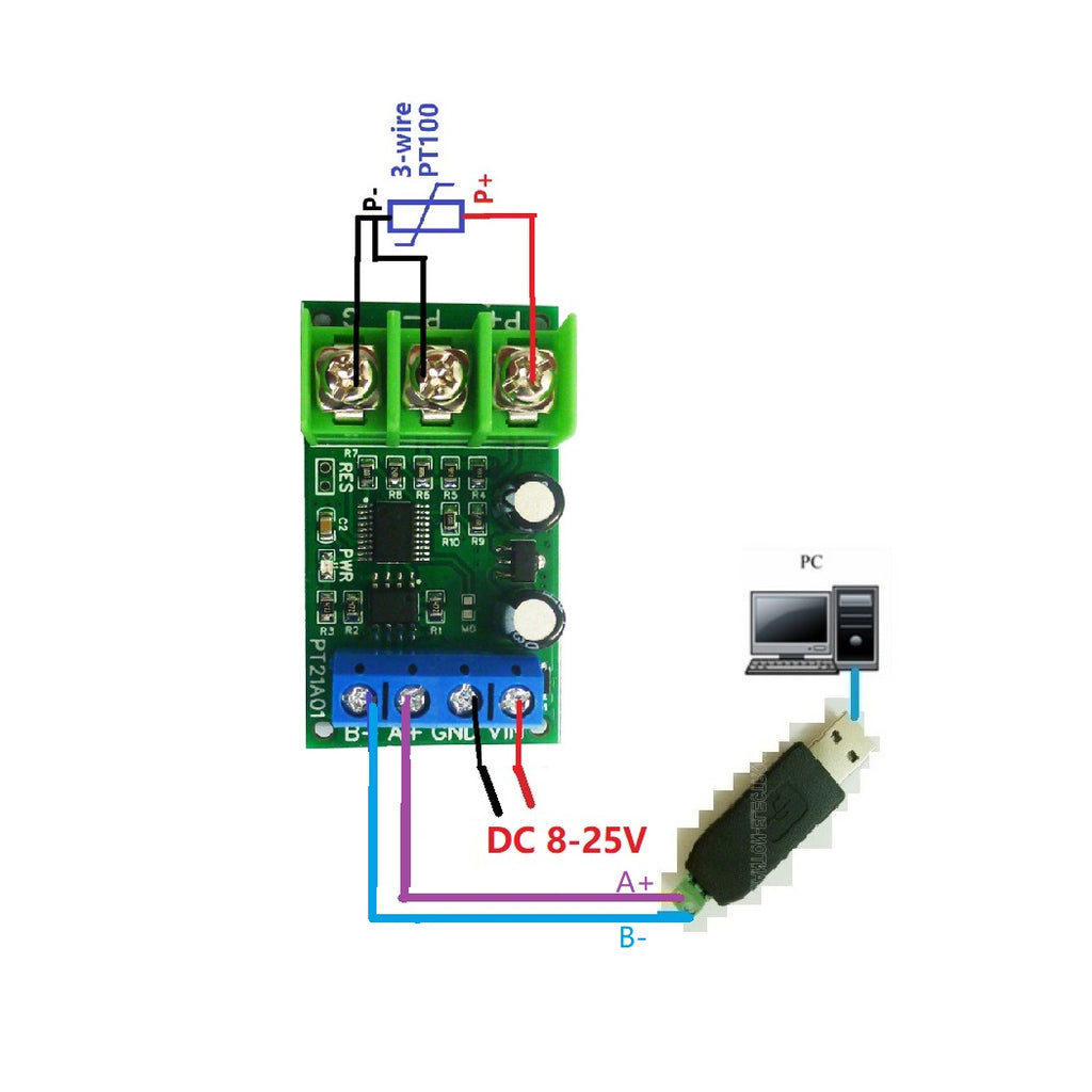 PT21A01 PT22B01 RS485 PT100 RTD Temperature Module – -40~500°C 1-Channel Modbus RTU Sensor Board for PLC SCADA Industrial Automation