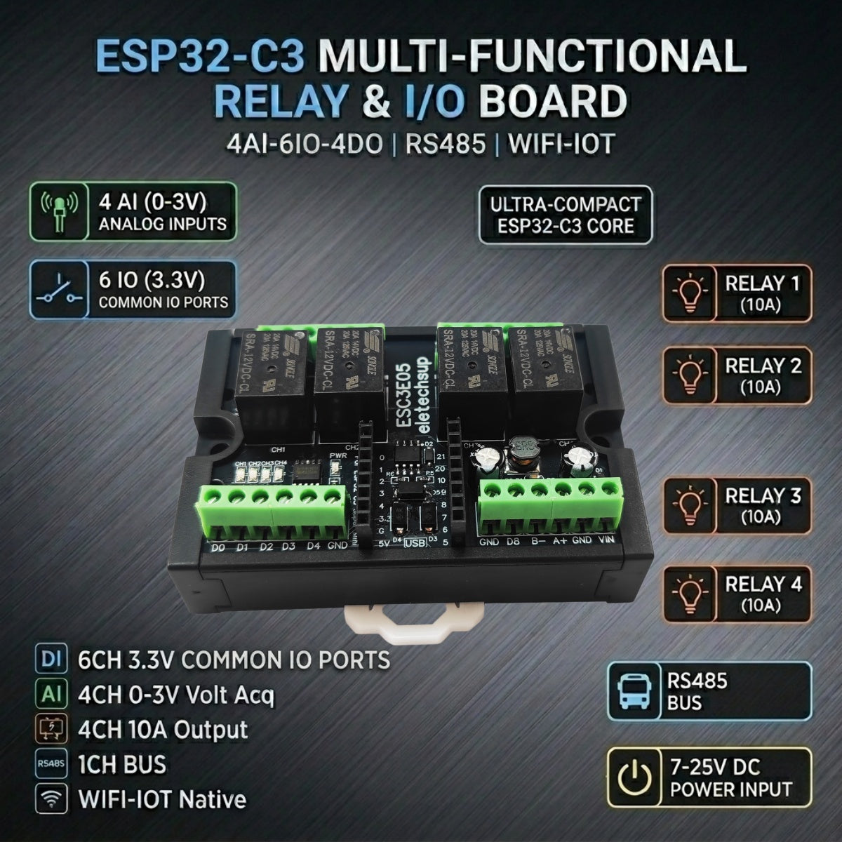 ESC3E05 4-Channel Relay Module for ESP32-C3 Super Mini, RS485 Modbus RTU, Wi-Fi BLE IoT Controller, Simple PLC Shield for Arduino