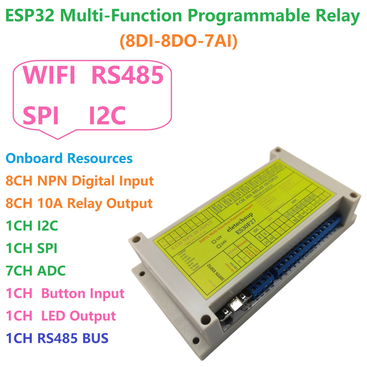 ES30F27 ESP32 Industrial DIN Rail Expansion Board – 8DI 8DO 10A Relay 7ADC RS485 I2C SPI GPIO for PLC IoT Automation